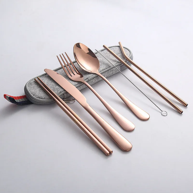 Stainless Steel Set Knife, Fork and Spoon Chopsticks Straw Portable Tableware 7-Piece Set