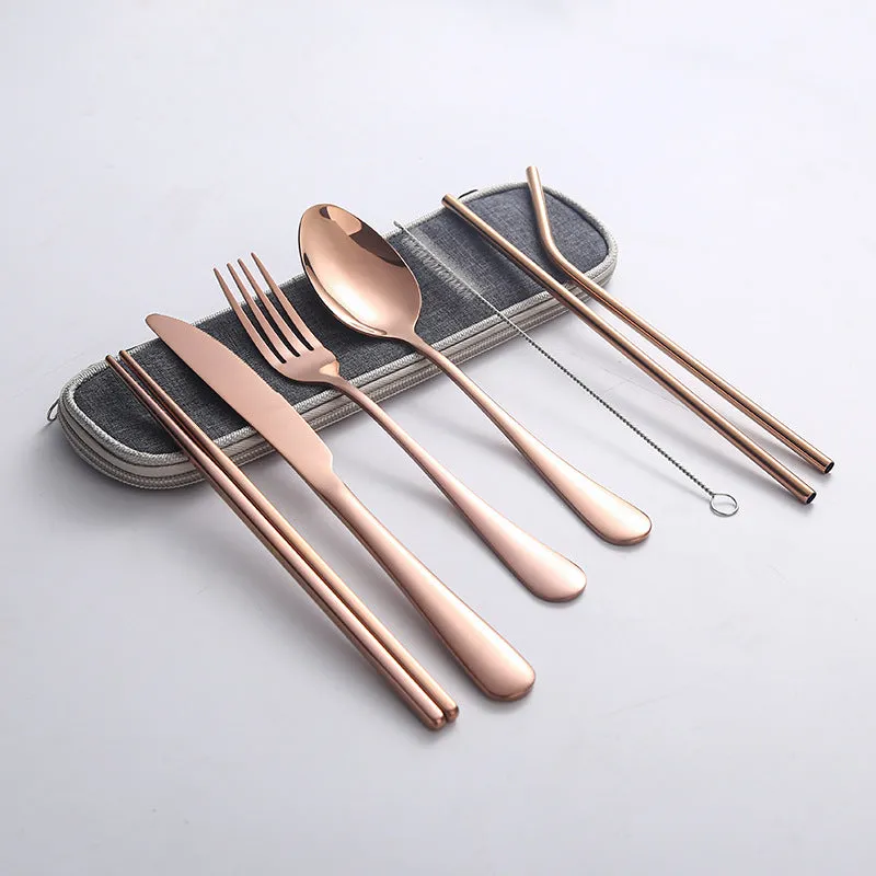 Stainless Steel Set Knife, Fork and Spoon Chopsticks Straw Portable Tableware 7-Piece Set