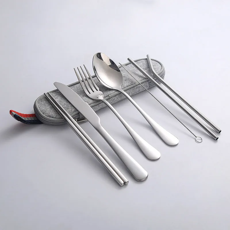 Stainless Steel Set Knife, Fork and Spoon Chopsticks Straw Portable Tableware 7-Piece Set