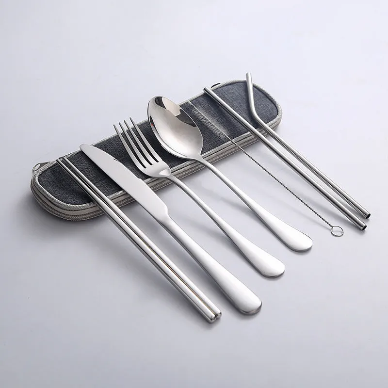 Stainless Steel Set Knife, Fork and Spoon Chopsticks Straw Portable Tableware 7-Piece Set