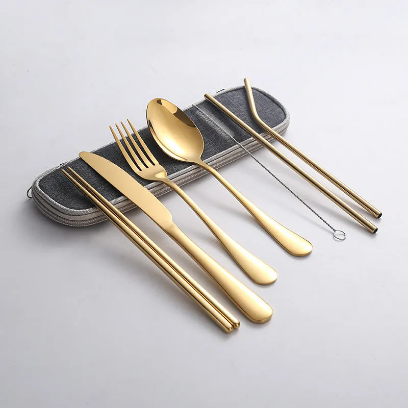 Stainless Steel Set Knife, Fork and Spoon Chopsticks Straw Portable Tableware 7-Piece Set