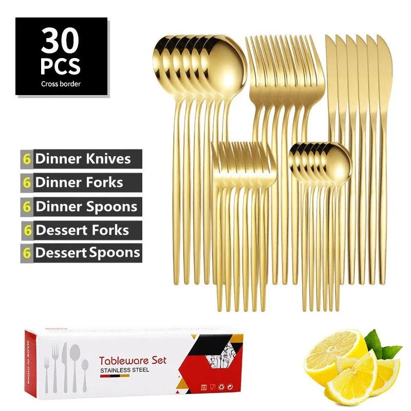 Stainless Steel Tableware Portuguese Knife and Fork 30-Piece Set Western Food Golden Steak Knife, Fork and Spoon Light Luxury Gift Set