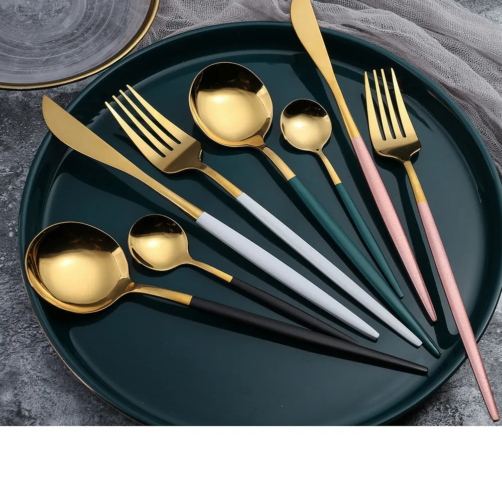 Steak Knife and Fork round Spoon Stainless Steel Spoon Portuguese Tableware Golden Set Spork