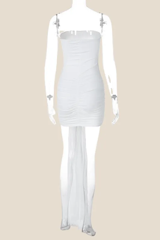 Strapless White Ruched Short Dress with Ribbon