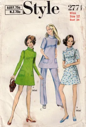 Style 2771 Womens Mini Dress Tunic & Pants 1970s Vintage Sewing Pattern Size 12 Bust 34 inches