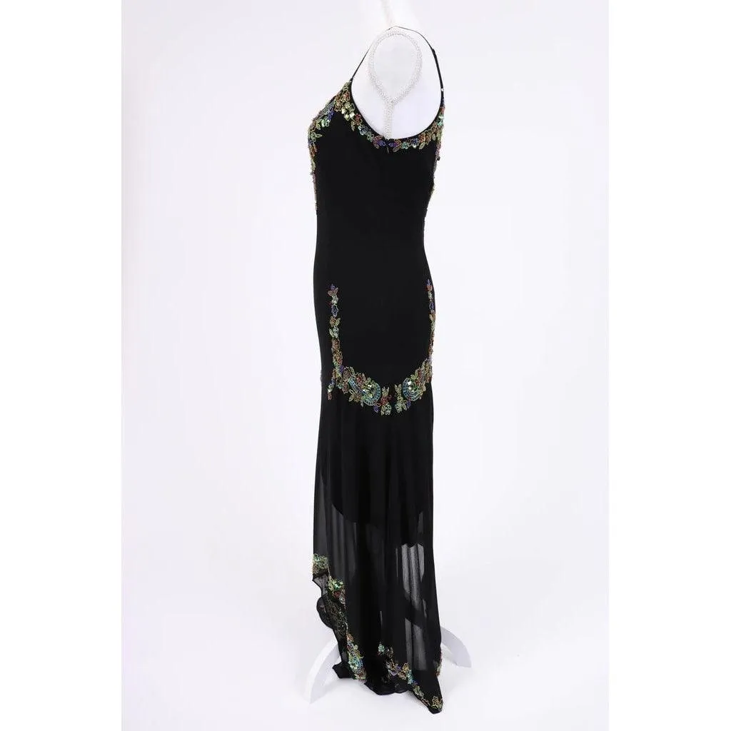 SUE WONG Black Beaded Silk Chiffon Slip Dress | Size M