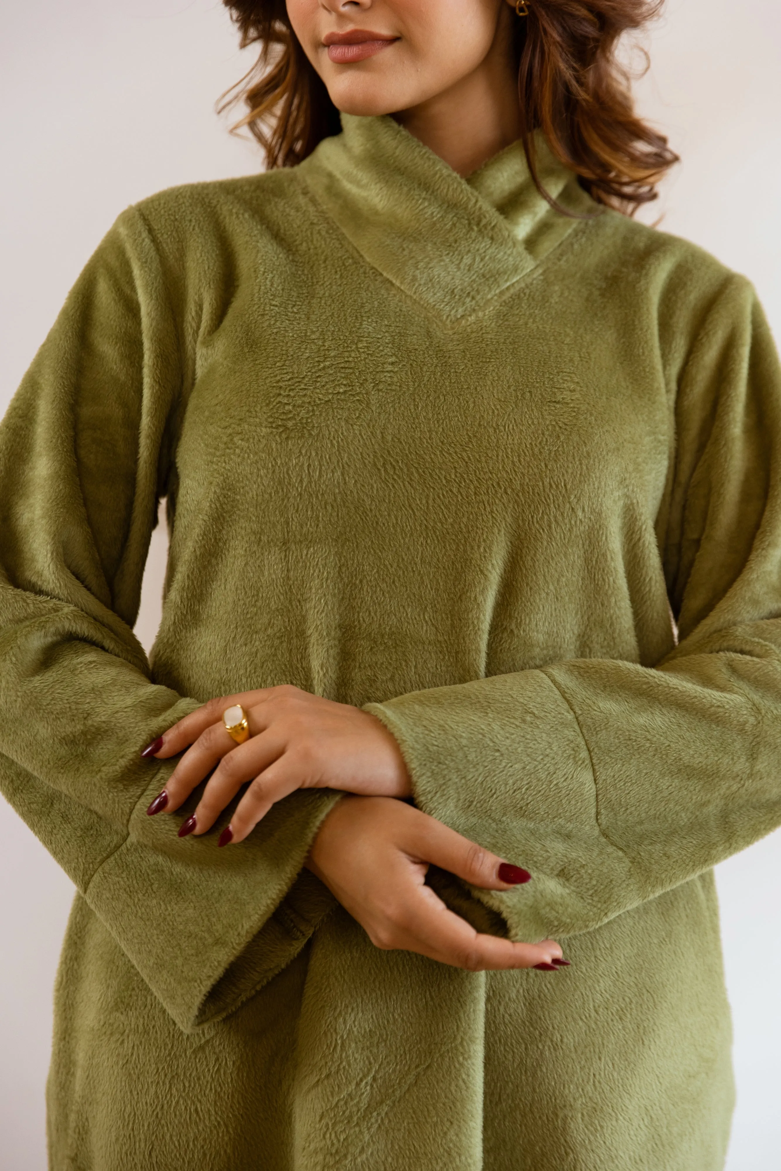 Super Soft Green Woollen Cross Neck Midi Dress