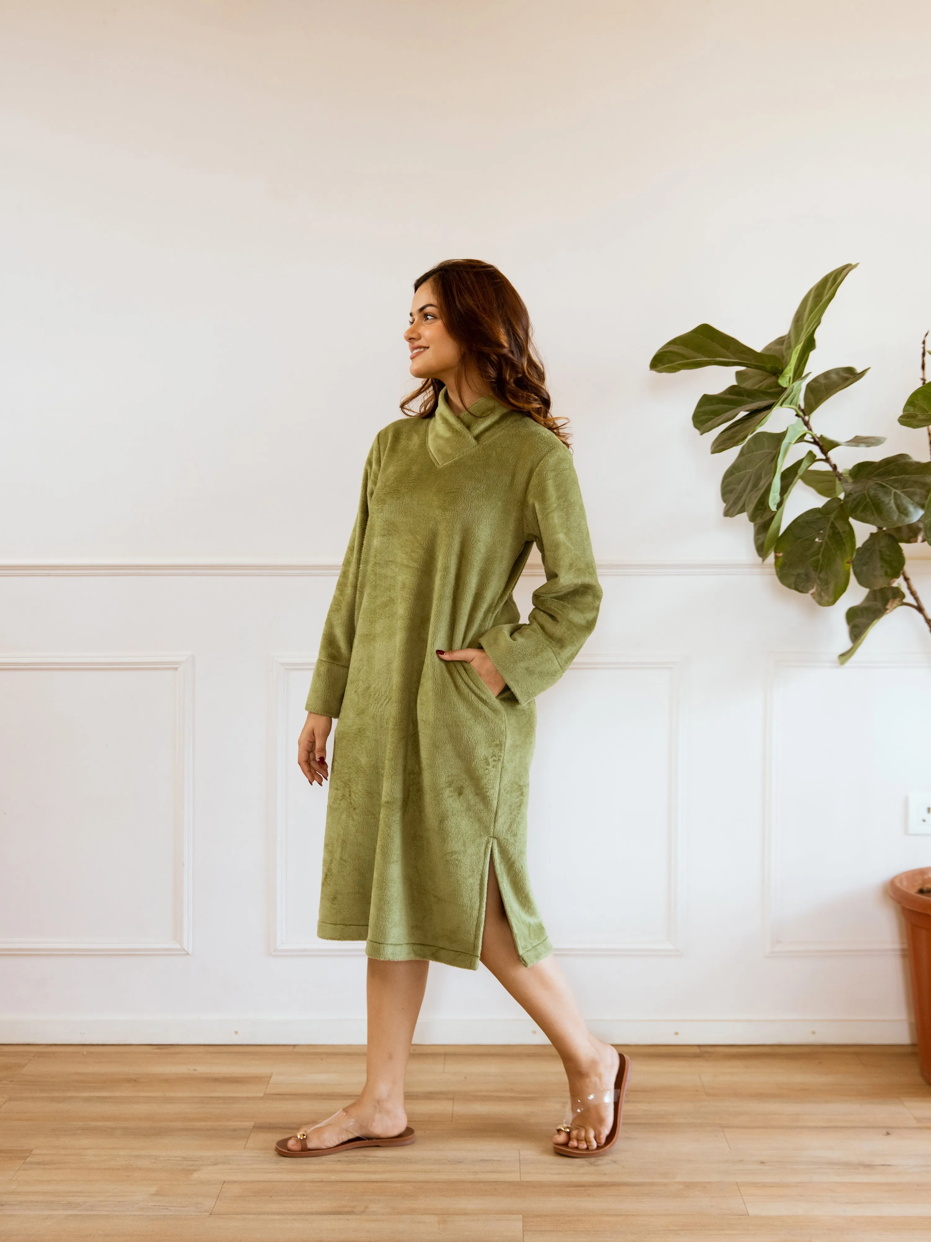 Super Soft Green Woollen Cross Neck Midi Dress