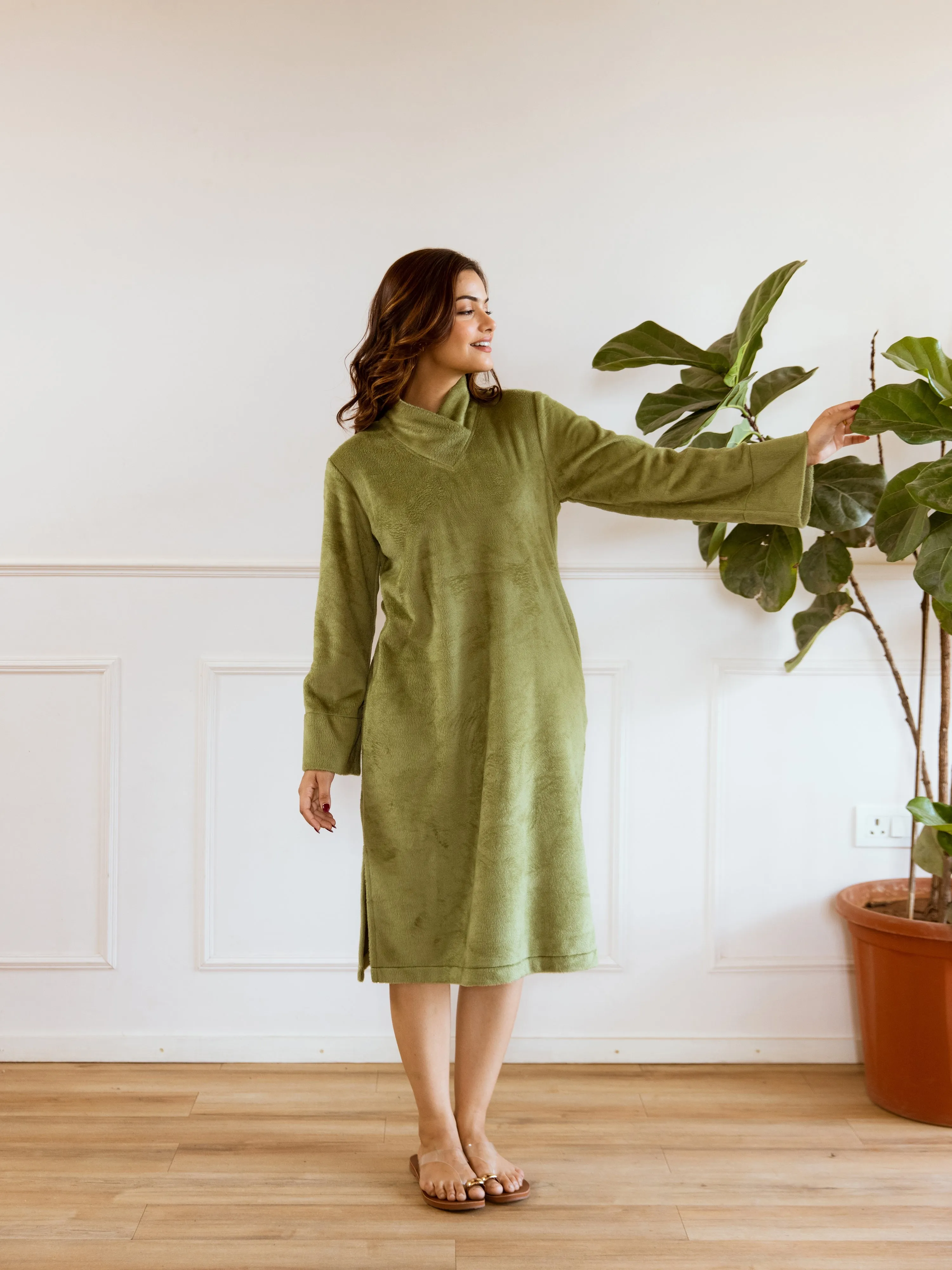 Super Soft Green Woollen Cross Neck Midi Dress