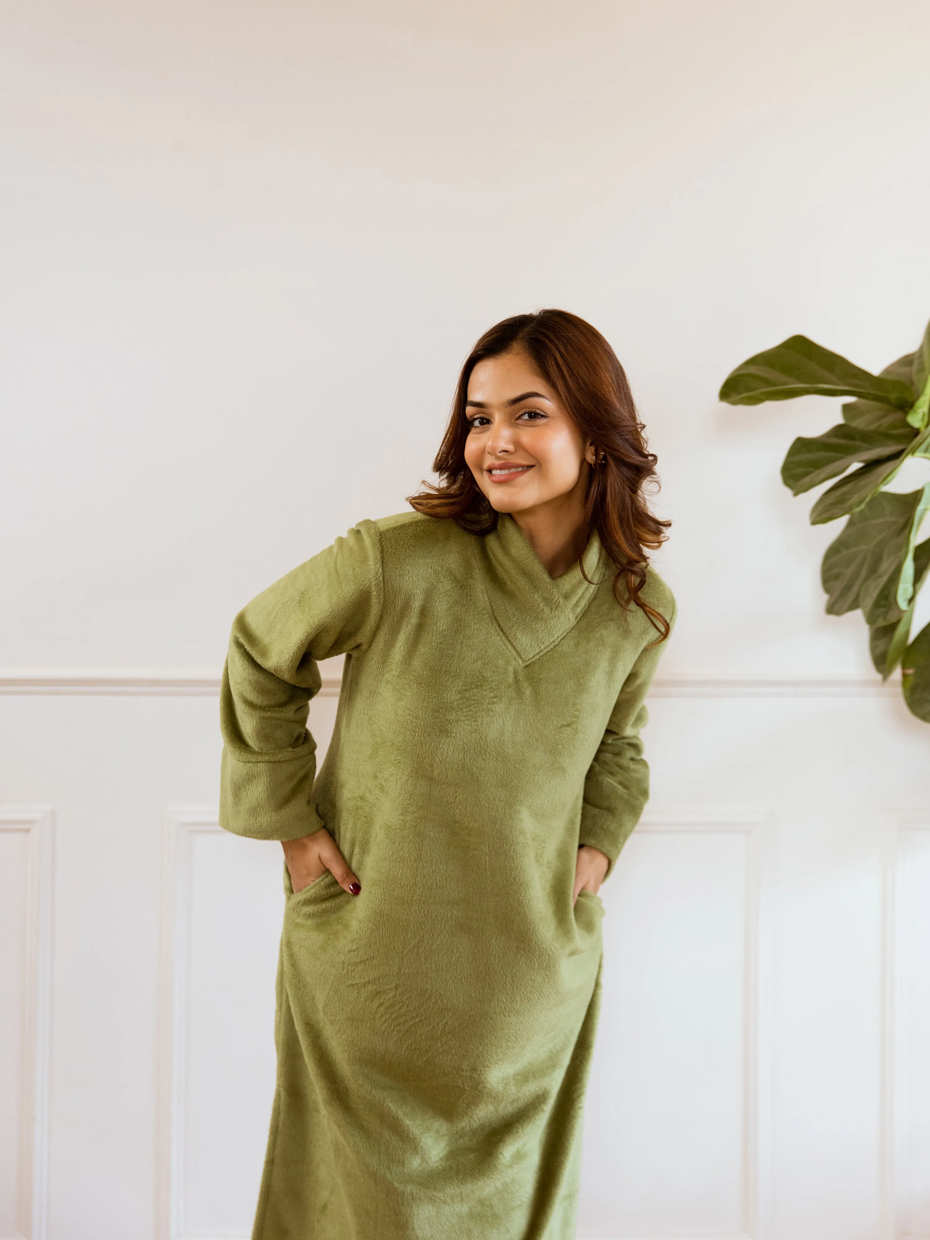 Super Soft Green Woollen Cross Neck Midi Dress