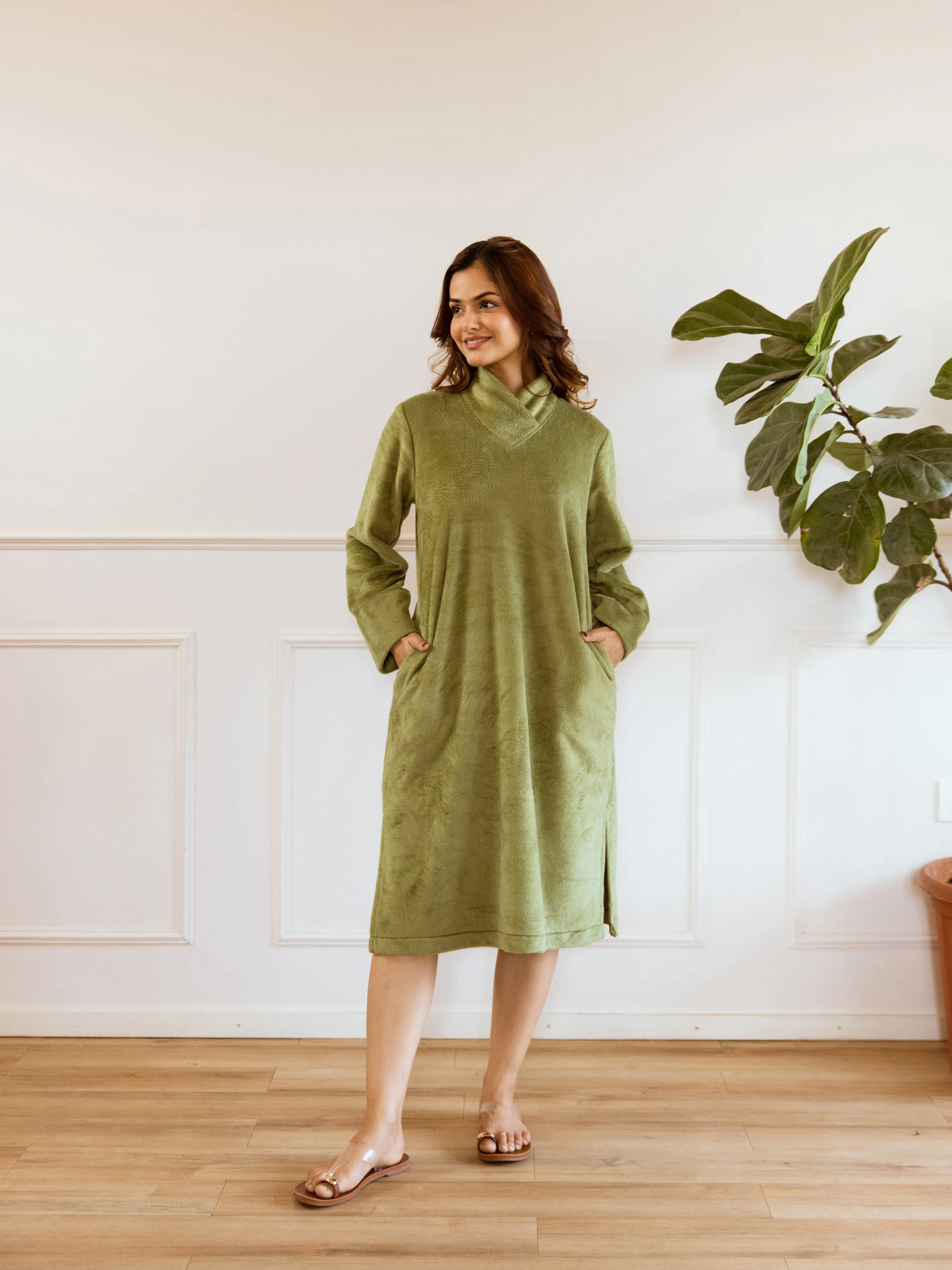 Super Soft Green Woollen Cross Neck Midi Dress