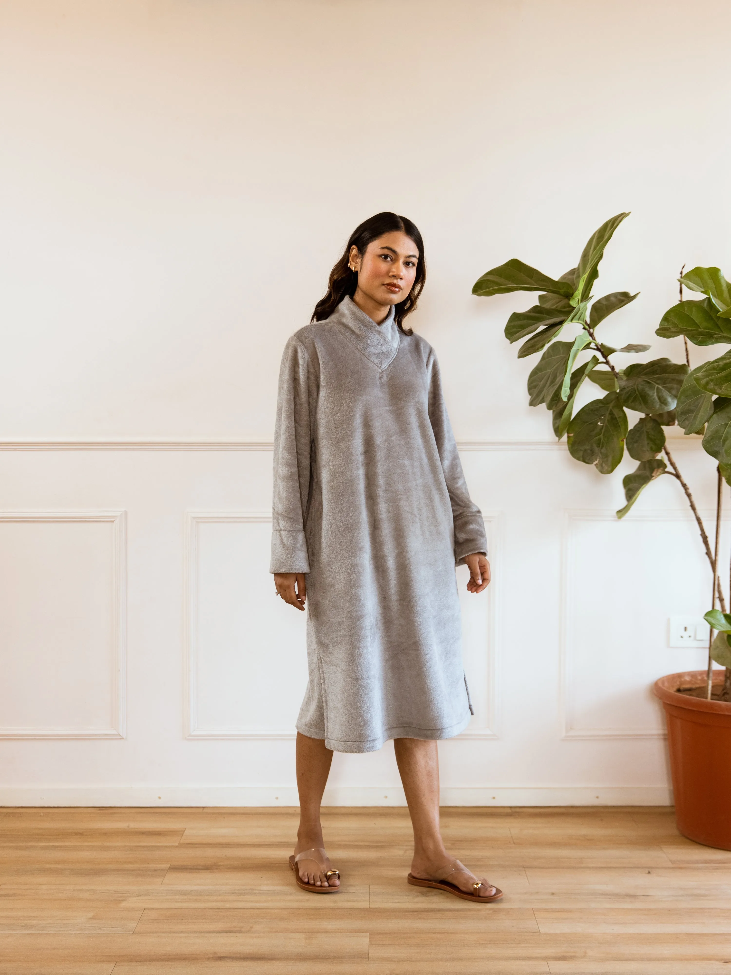 Super Soft Grey Woollen Cross Neck Midi Dress