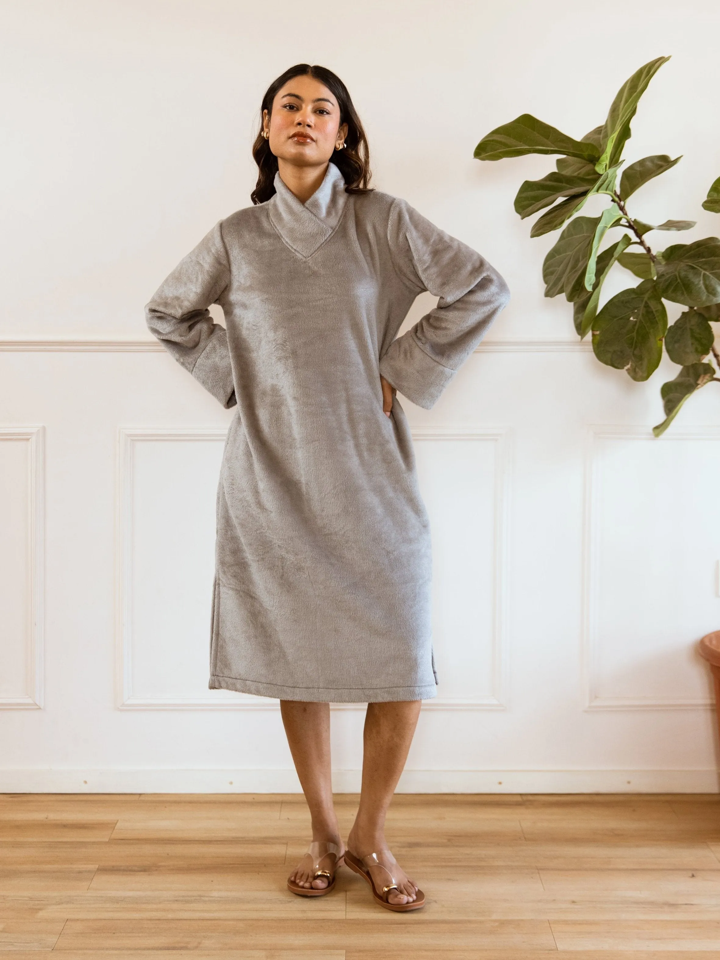 Super Soft Grey Woollen Cross Neck Midi Dress