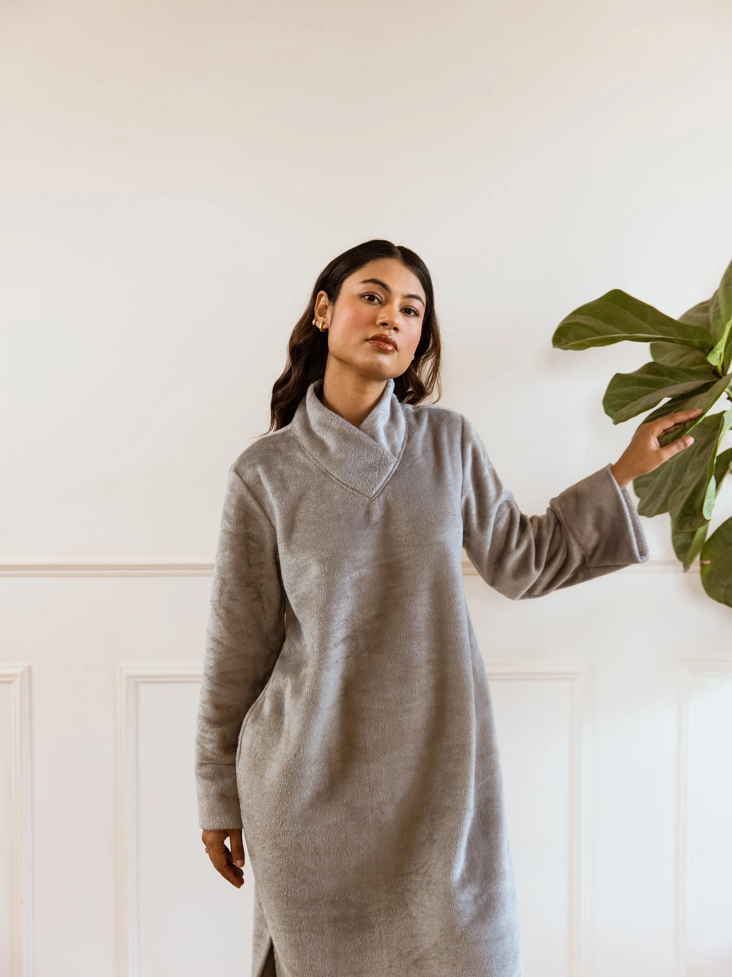 Super Soft Grey Woollen Cross Neck Midi Dress