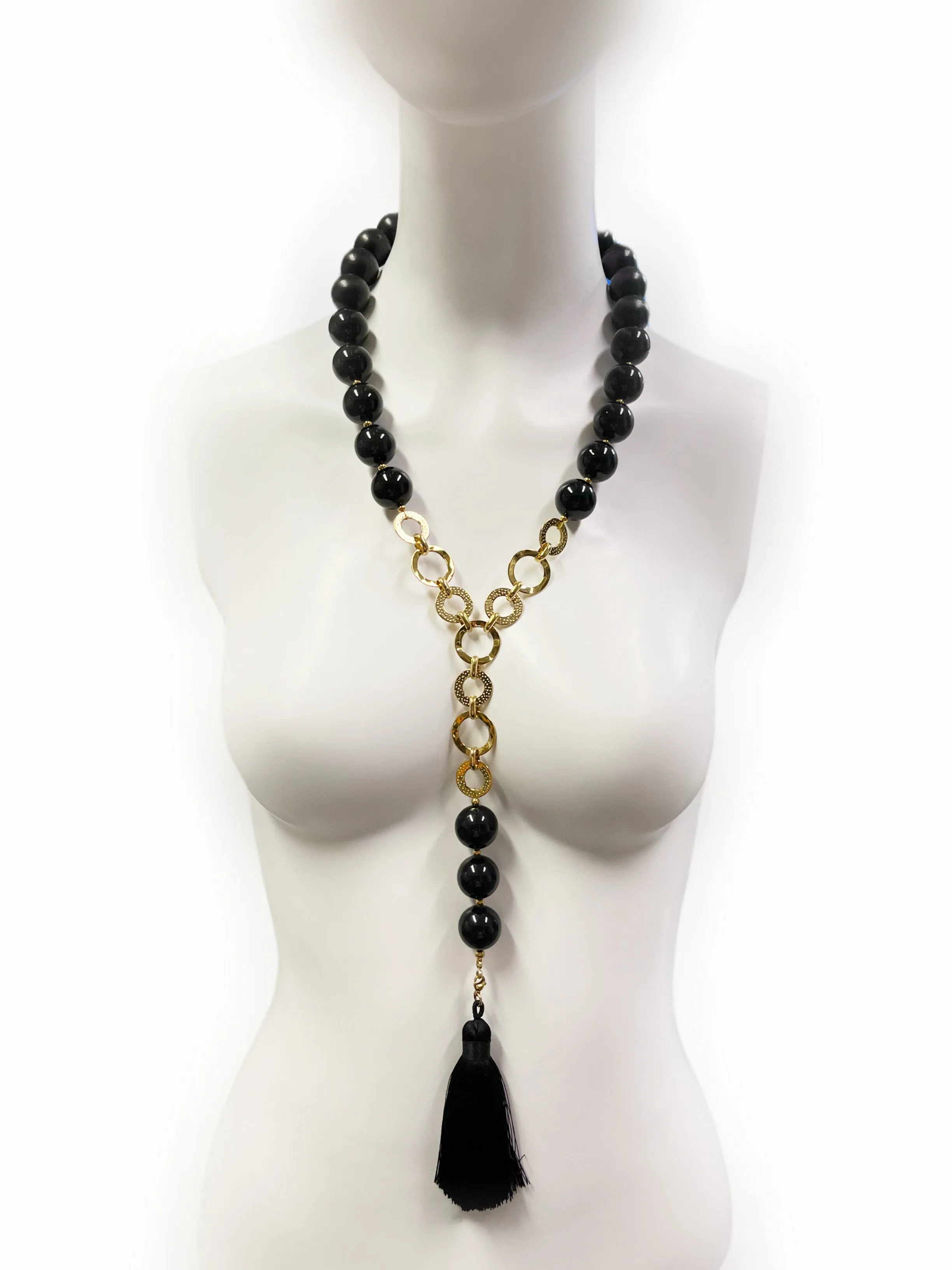 Symmetric Balance: Rainbow Obsidian and Stainless Steel Necklace