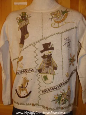 Tacky Cheap Ugly Christmas Sweater with Brown and Tan Stocking, Snowman, Rocking Horse, Sleigh, and Snowflakes (f560)