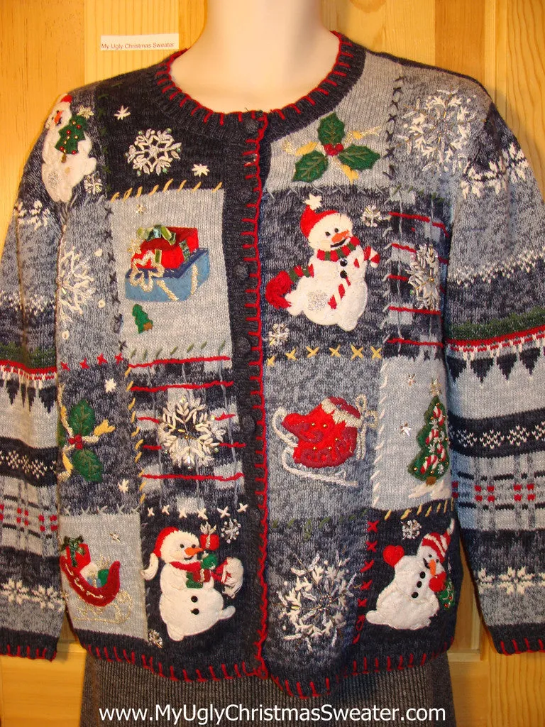 Tacky Cheap Ugly Christmas Sweater with Colorful Patterns and Snowmen on Front and Sleeves.  80s Style Padded Shoulders. (f526)