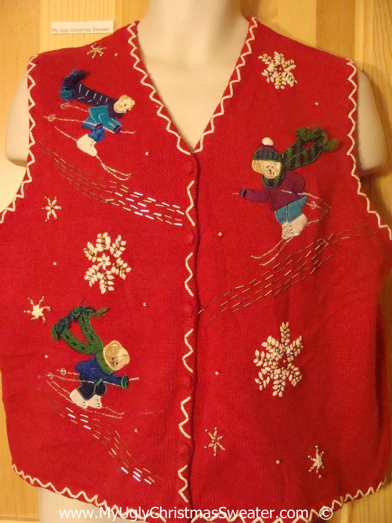 Tacky Red Christmas Sweater Vest with Skiing Bears (f1396)