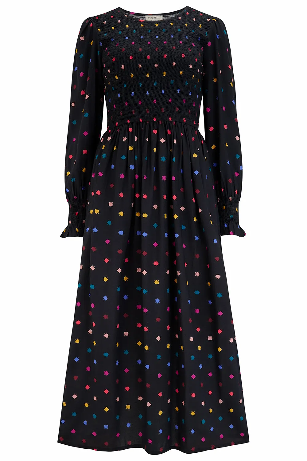 Tarin Shirred Midi Dress - Black, Winter Starburst