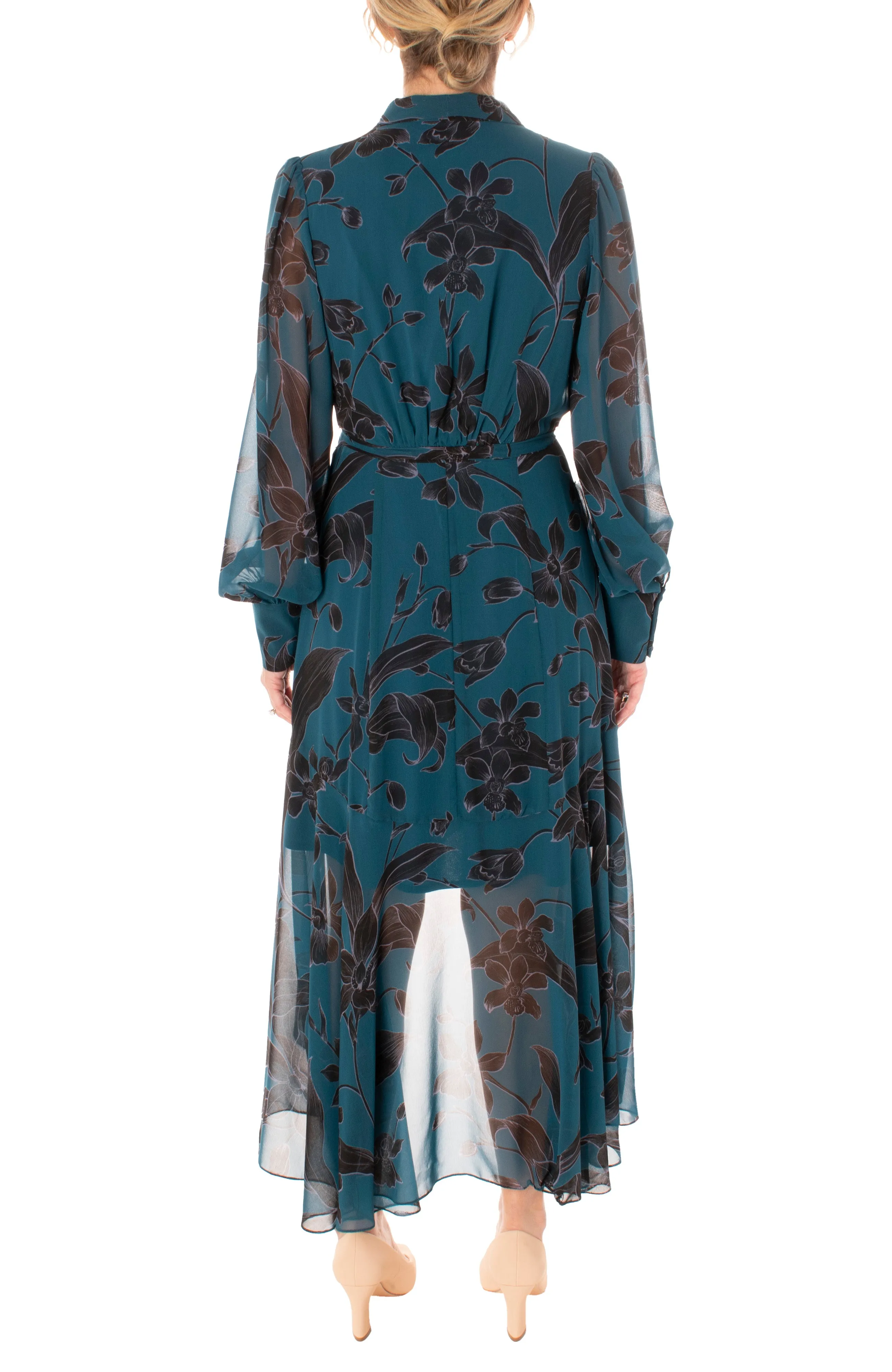 Taylor V-neck long sleeve tie waist floral burnout chiffon dress