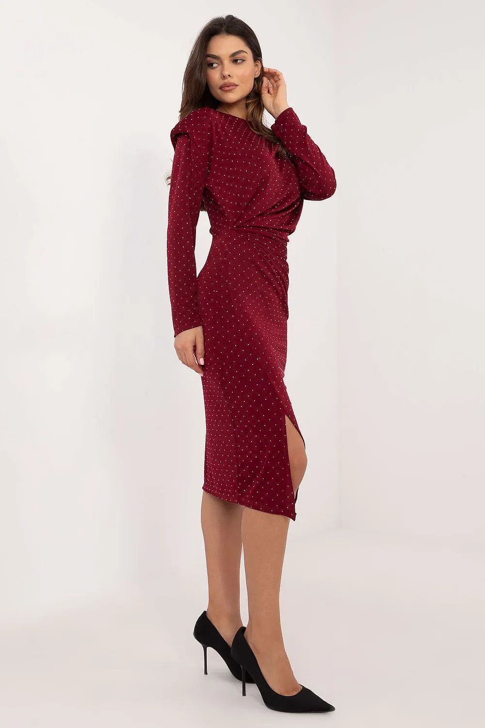 TEEK - Draped Dotted Long Sleeve Evening Dress