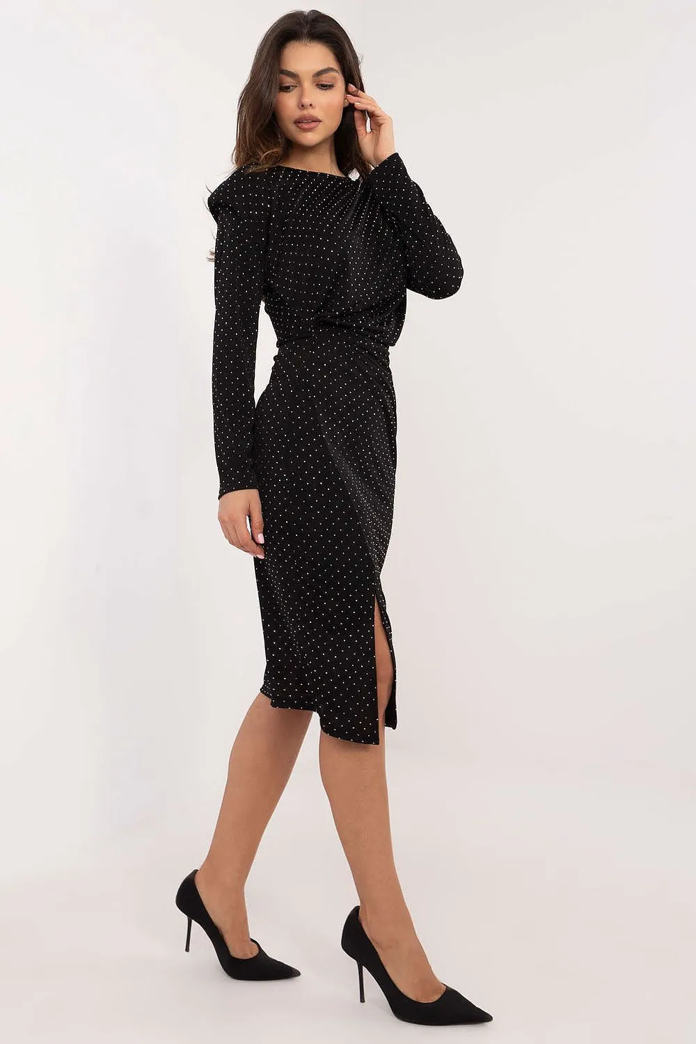 TEEK - Draped Dotted Long Sleeve Evening Dress