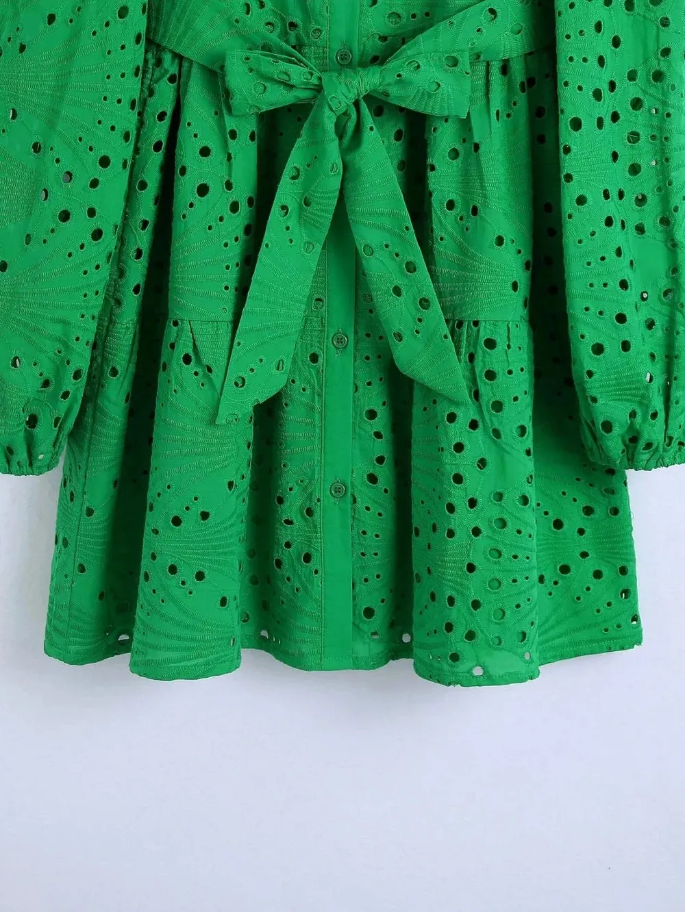 TEEK - Embroidered Lace Green Belted Above Knee Dress