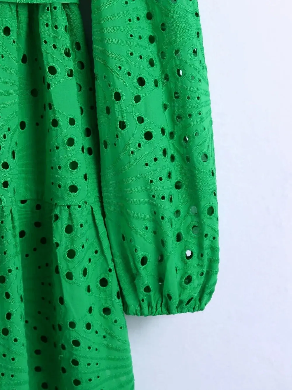 TEEK - Embroidered Lace Green Belted Above Knee Dress