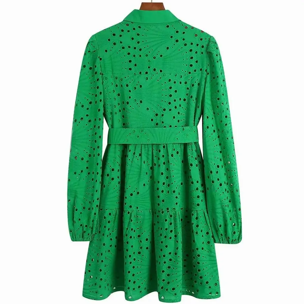 TEEK - Embroidered Lace Green Belted Above Knee Dress