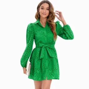 TEEK - Embroidered Lace Green Belted Above Knee Dress