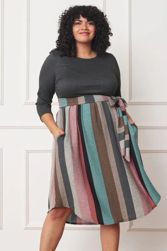 TEEK - Plus Size Quarter Sleeve Stripe Sash Dress