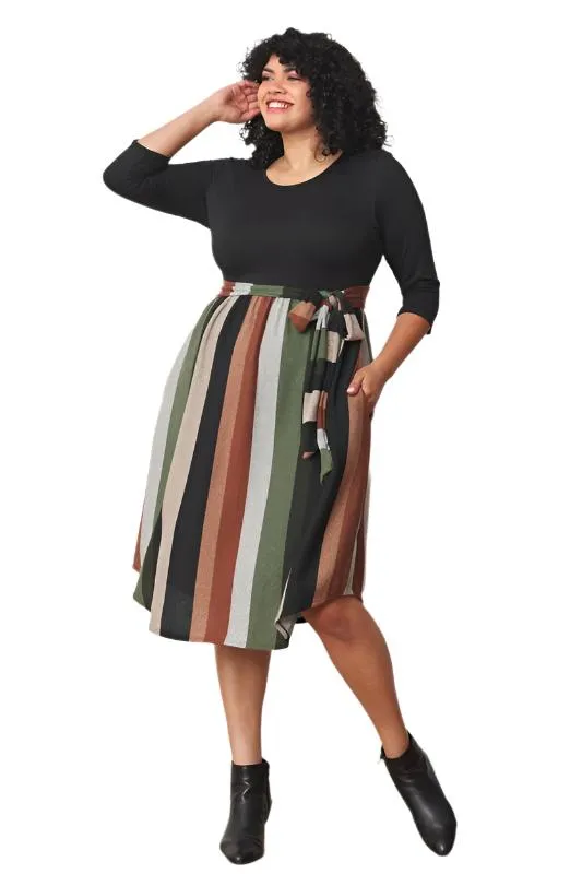 TEEK - Plus Size Quarter Sleeve Stripe Sash Dress