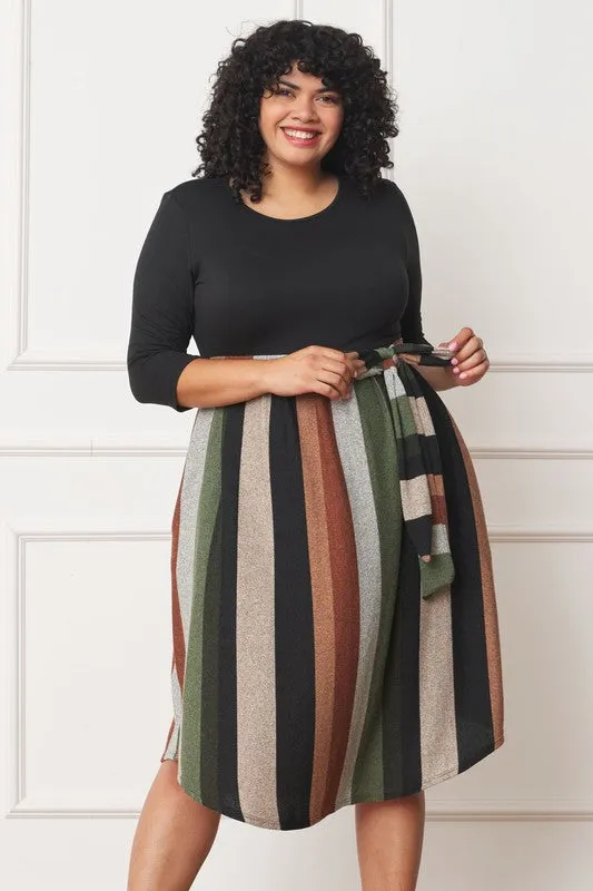 TEEK - Plus Size Quarter Sleeve Stripe Sash Dress