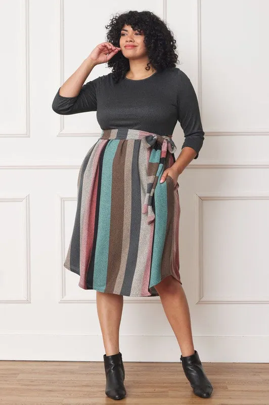 TEEK - Plus Size Quarter Sleeve Stripe Sash Dress