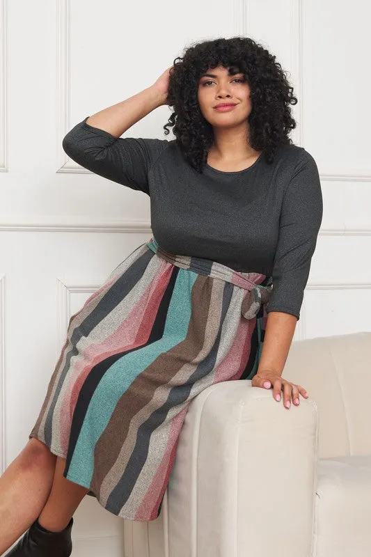 TEEK - Plus Size Quarter Sleeve Stripe Sash Dress