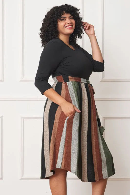 TEEK - Plus Size Quarter Sleeve Stripe Sash Dress