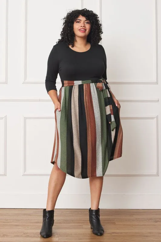 TEEK - Plus Size Quarter Sleeve Stripe Sash Dress