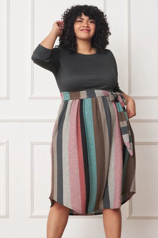 TEEK - Plus Size Quarter Sleeve Stripe Sash Dress