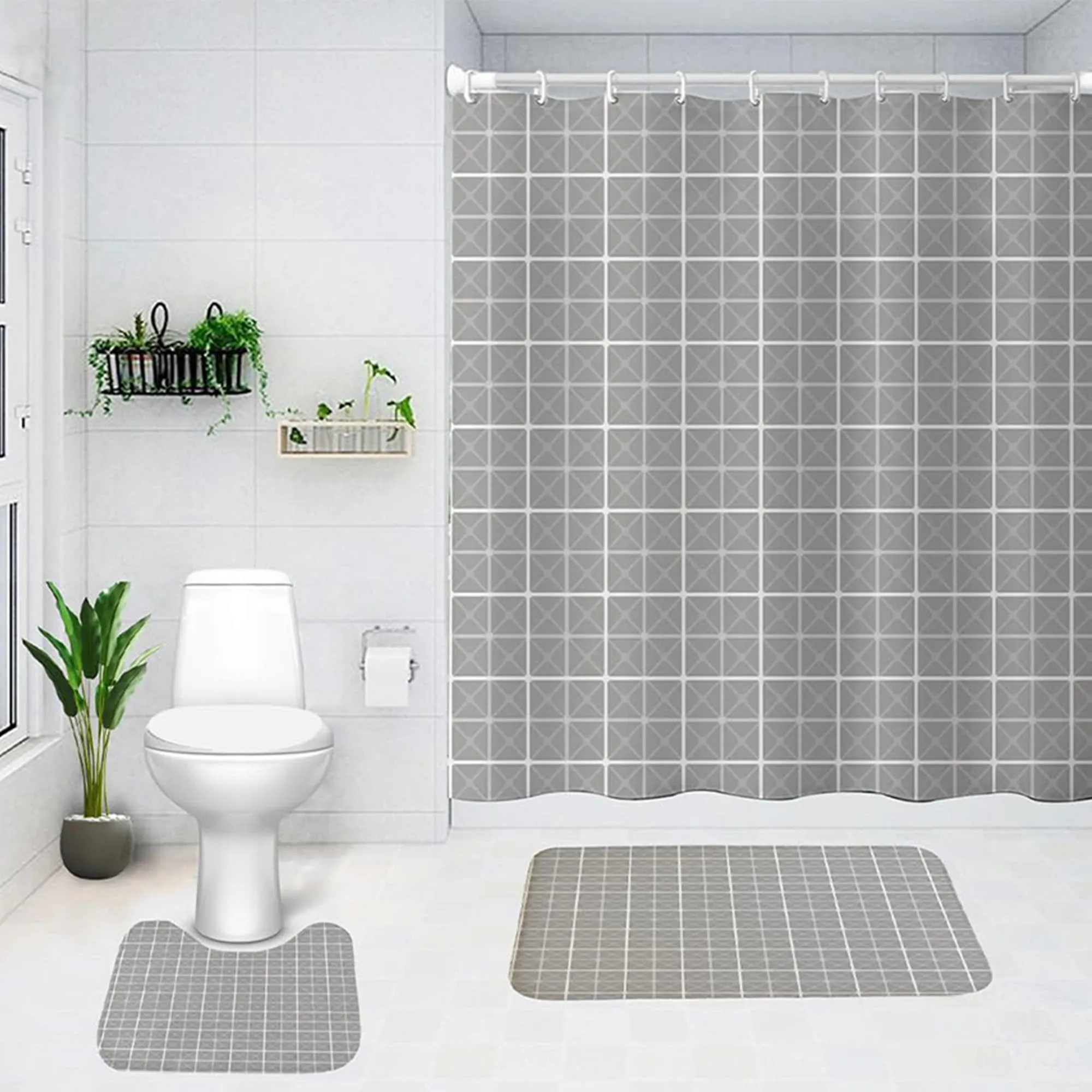 The Better Home Shower Curtain & Bathroom Mat Set (3pc) | 6 Ft Shower Curtains for Bathroom| U-Shaped Anti Skid Mat for Bathroom Floor | Non Slip Mat for Bathroom | Mold Resistant | Ashen Grid