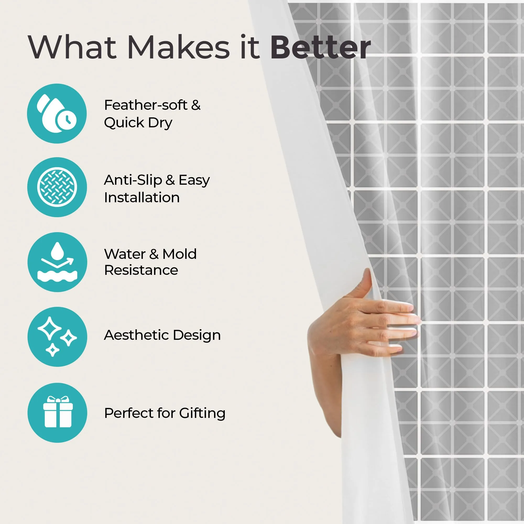 The Better Home Shower Curtain & Bathroom Mat Set (3pc) | 6 Ft Shower Curtains for Bathroom| U-Shaped Anti Skid Mat for Bathroom Floor | Non Slip Mat for Bathroom | Mold Resistant | Ashen Grid