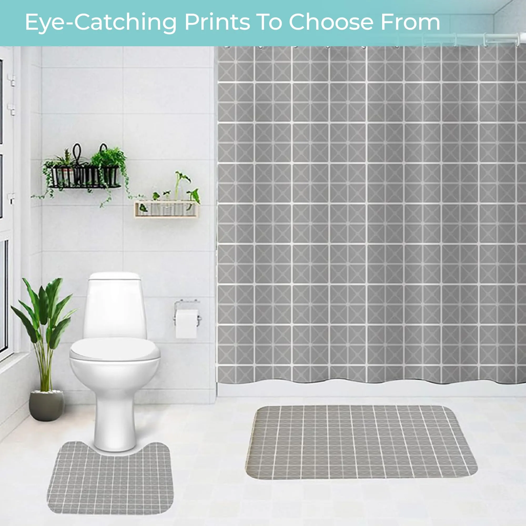 The Better Home Shower Curtain & Bathroom Mat Set (3pc) | 6 Ft Shower Curtains for Bathroom| U-Shaped Anti Skid Mat for Bathroom Floor | Non Slip Mat for Bathroom | Mold Resistant | Ashen Grid