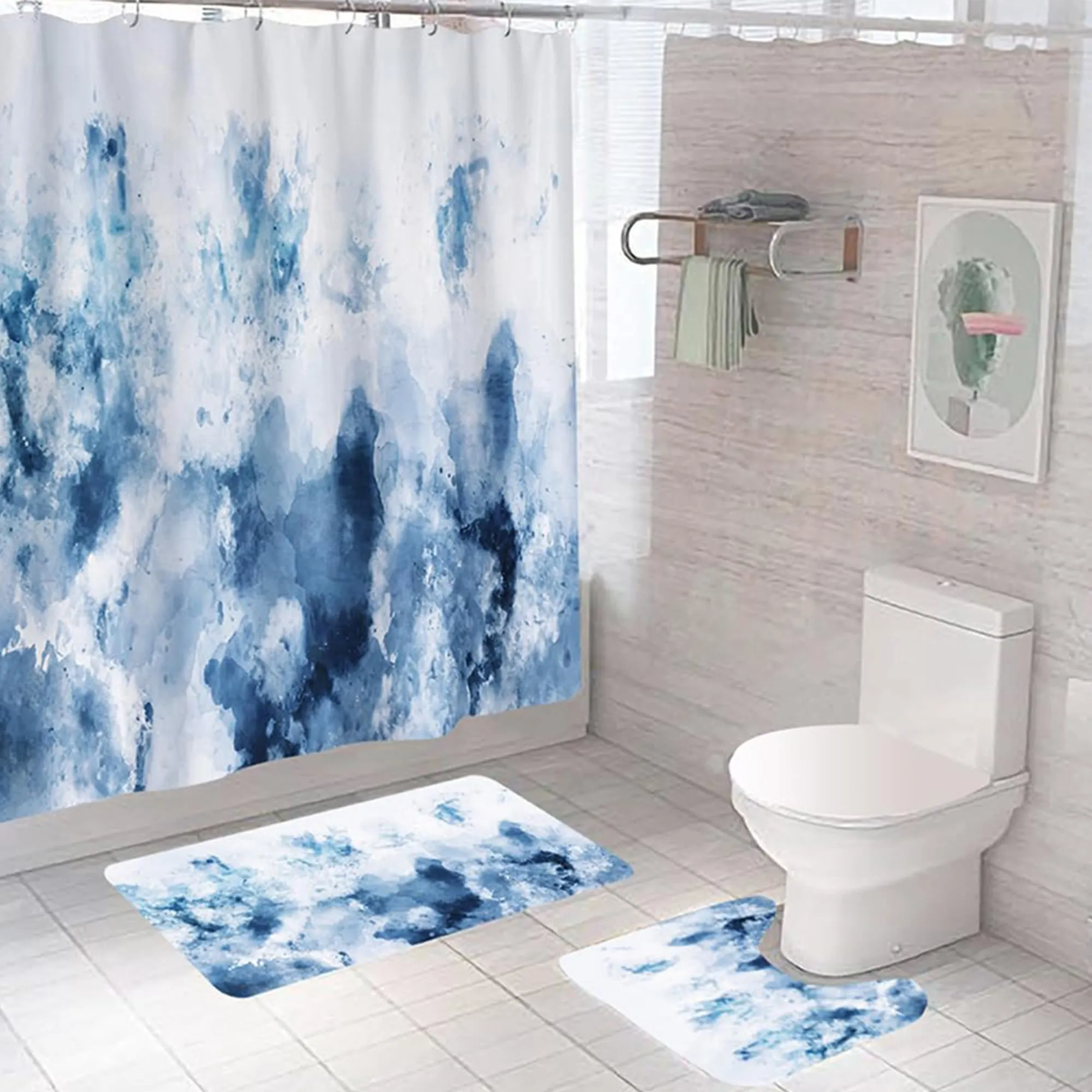 THE BETTER HOME Shower Curtain & Bathroom Mat Set (3pc) | 6 Ft Shower Curtains for Bathroom| U-Shaped Anti Skid Mat for Bathroom Floor | Non Slip Mat for Bathroom | Mold Resistant |Blue Marble Haze