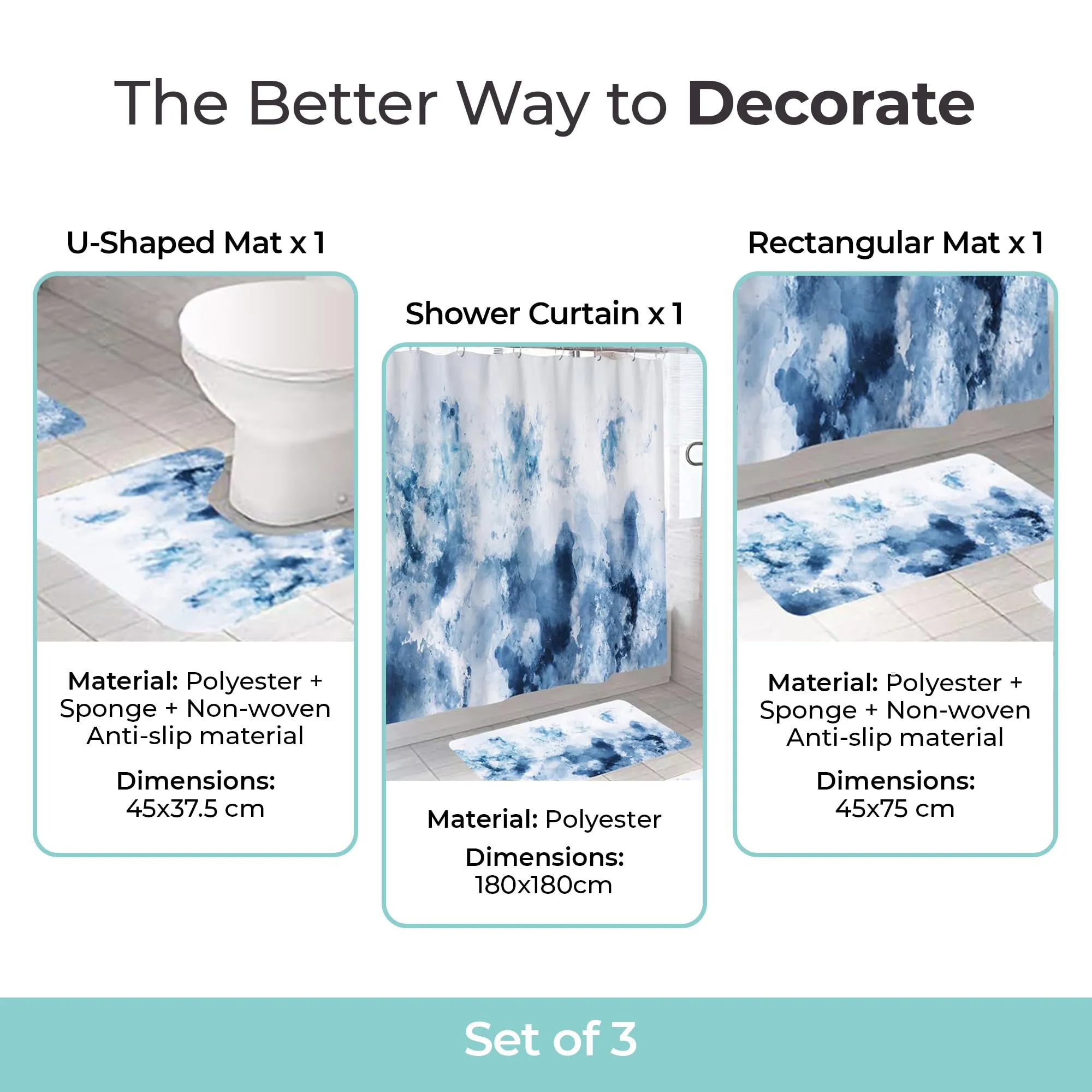 THE BETTER HOME Shower Curtain & Bathroom Mat Set (3pc) | 6 Ft Shower Curtains for Bathroom| U-Shaped Anti Skid Mat for Bathroom Floor | Non Slip Mat for Bathroom | Mold Resistant |Blue Marble Haze