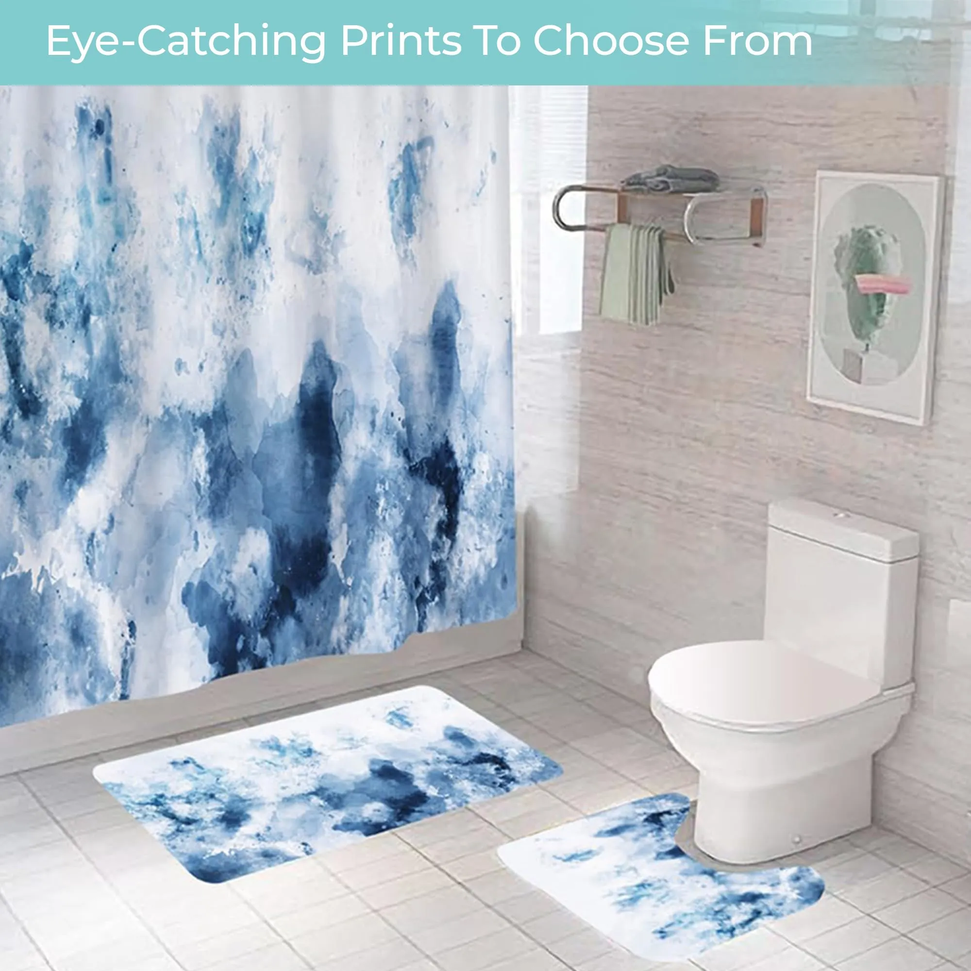 THE BETTER HOME Shower Curtain & Bathroom Mat Set (3pc) | 6 Ft Shower Curtains for Bathroom| U-Shaped Anti Skid Mat for Bathroom Floor | Non Slip Mat for Bathroom | Mold Resistant |Blue Marble Haze