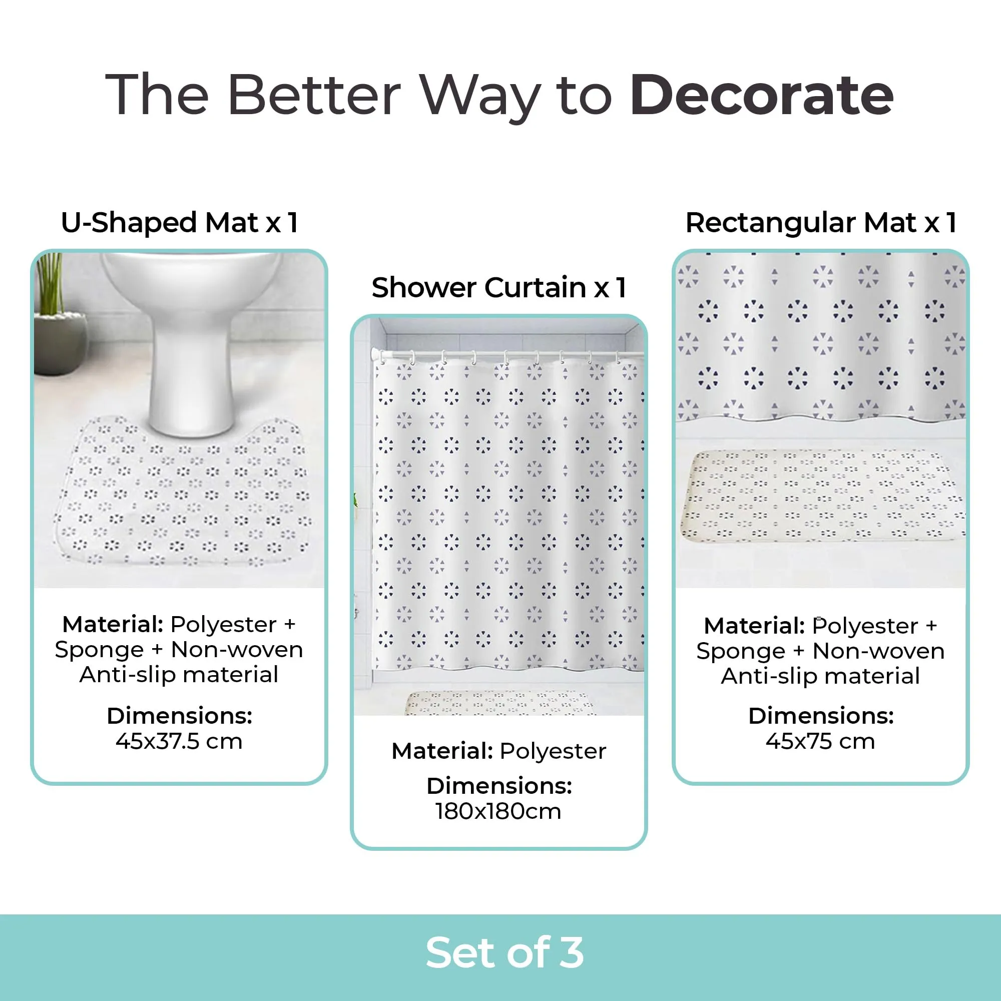 THE BETTER HOME Shower Curtain & Bathroom Mat Set (3pc) | 6 Ft Shower Curtains for Bathroom| U-Shaped Anti Skid Mat for Bathroom Floor | Non Slip Mat for Bathroom | Mold Resistant | Geometric Circles