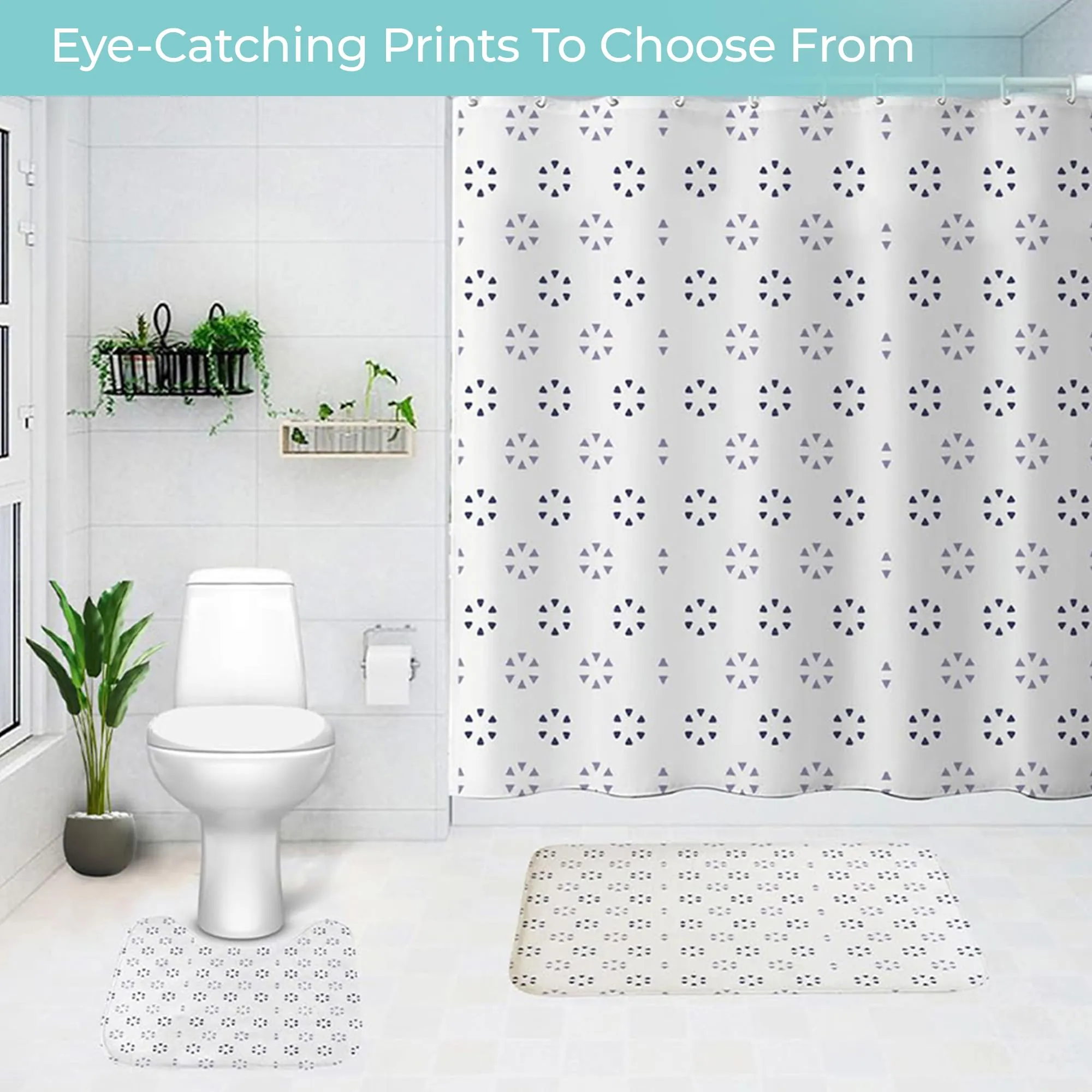 THE BETTER HOME Shower Curtain & Bathroom Mat Set (3pc) | 6 Ft Shower Curtains for Bathroom| U-Shaped Anti Skid Mat for Bathroom Floor | Non Slip Mat for Bathroom | Mold Resistant | Geometric Circles