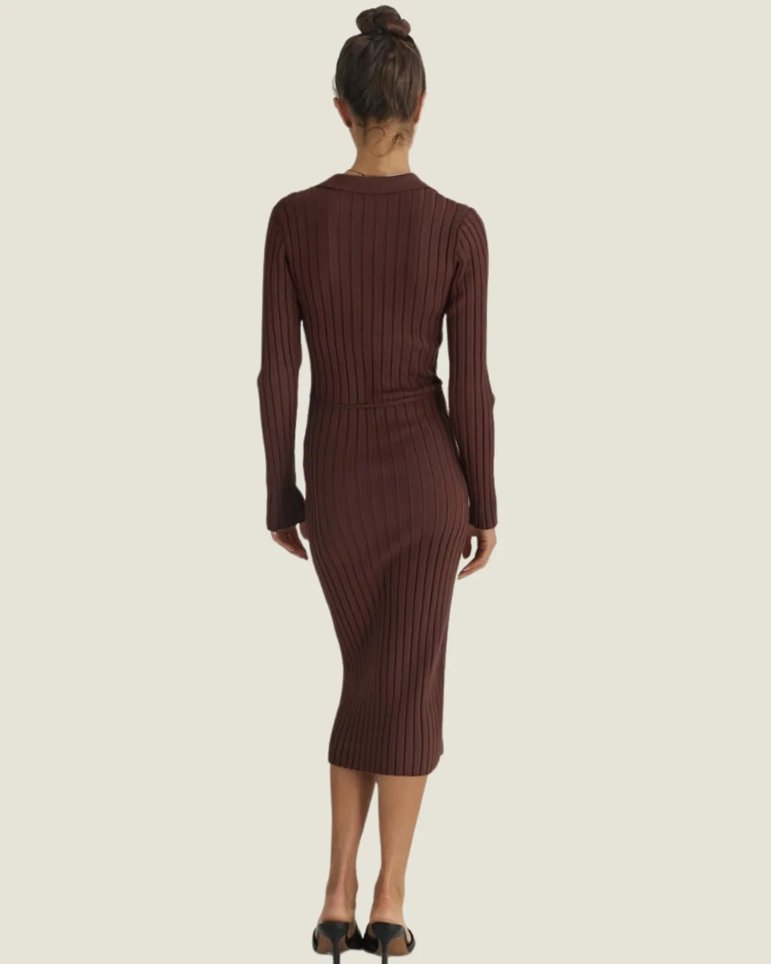 The Dana: Brown Button Up Long Sleeve Midi Dress