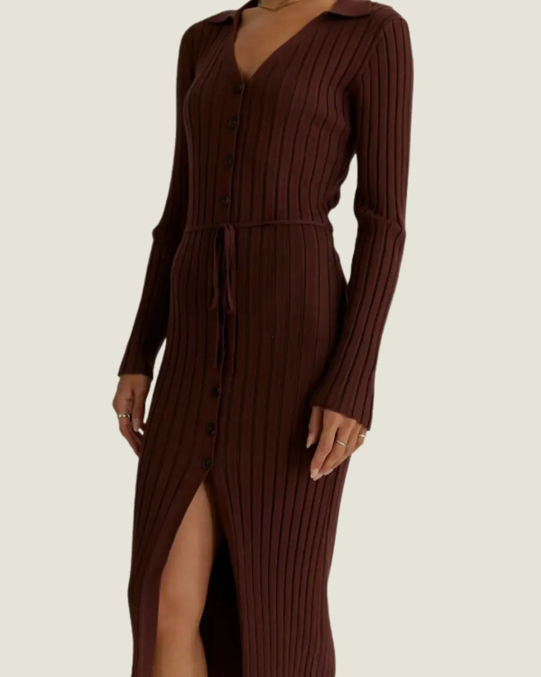 The Dana: Brown Button Up Long Sleeve Midi Dress