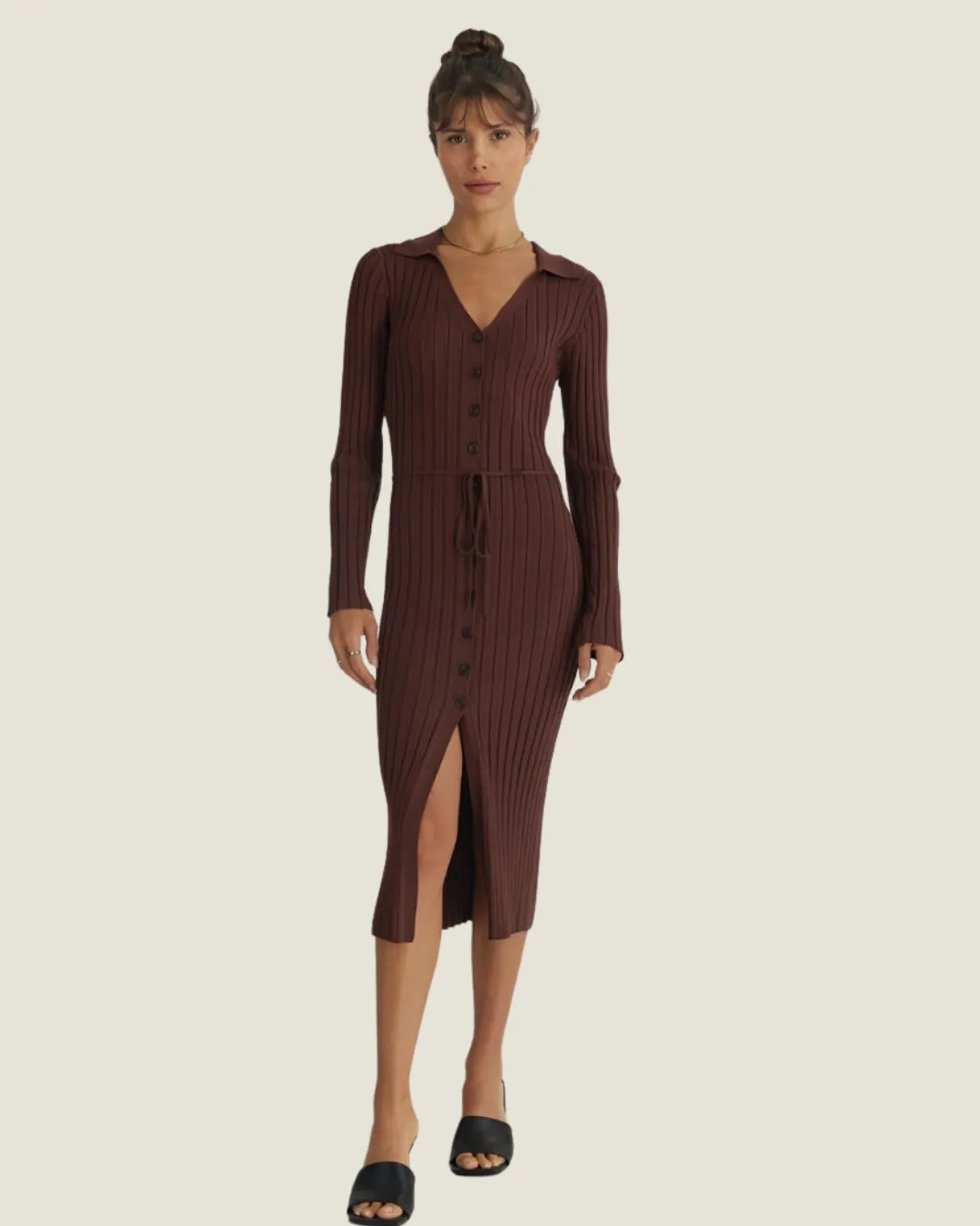 The Dana: Brown Button Up Long Sleeve Midi Dress