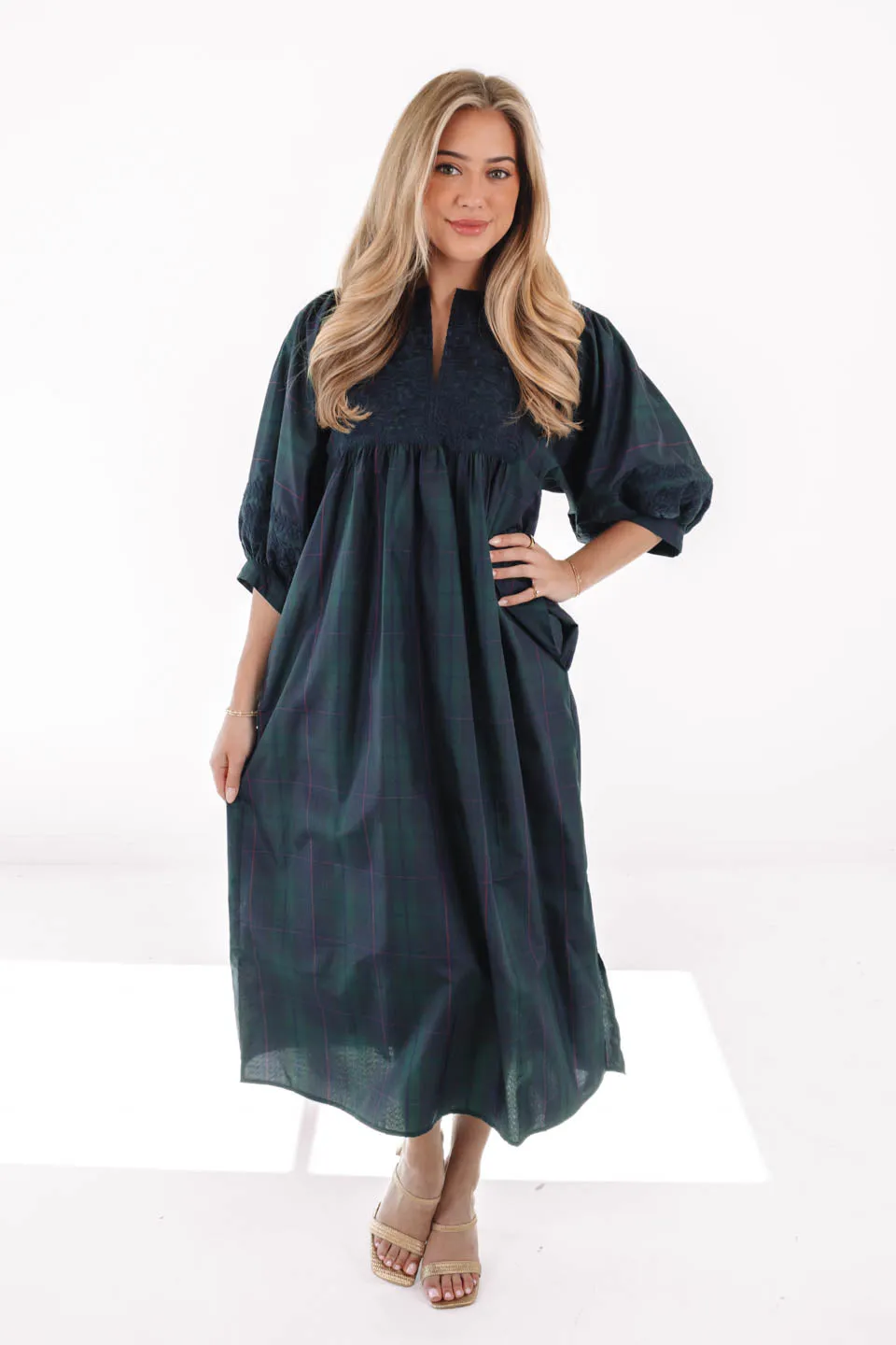 The Katrina Puff Sleeve Midi Dress - Green Plaid